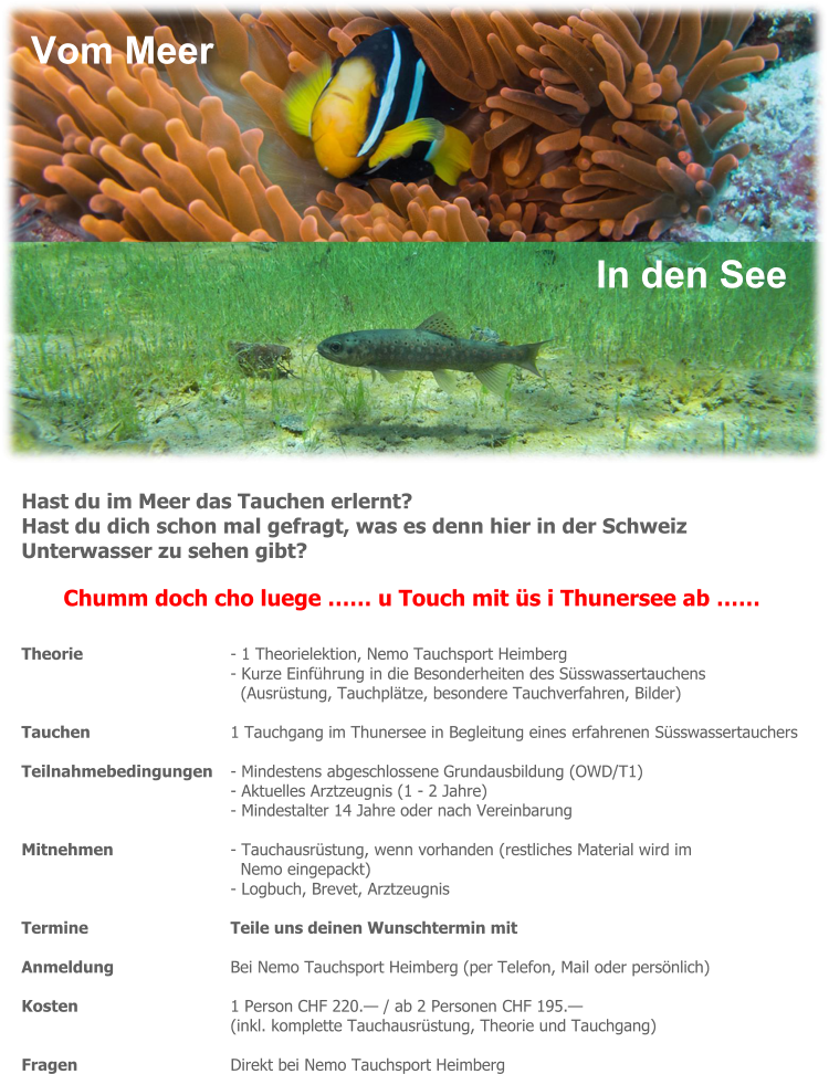 Hast du im Meer das Tauchen erlernt? Hast du dich schon mal gefragt, was es denn hier in der Schweiz  Unterwasser zu sehen gibt? Chumm doch cho luege …… u Touch mit üs i Thunersee ab ……  Theorie 	- 1 Theorielektion, Nemo Tauchsport Heimberg - Kurze Einführung in die Besonderheiten des Süsswassertauchens (Ausrüstung, Tauchplätze, besondere Tauchverfahren, Bilder)  Tauchen 	1 Tauchgang im Thunersee in Begleitung eines erfahrenen Süsswassertauchers  Teilnahmebedingungen 	- Mindestens abgeschlossene Grundausbildung (OWD/T1) - Aktuelles Arztzeugnis (1 - 2 Jahre) - Mindestalter 14 Jahre oder nach Vereinbarung  Mitnehmen 	- Tauchausrüstung, wenn vorhanden (restliches Material wird im Nemo eingepackt) - Logbuch, Brevet, Arztzeugnis  Termine 	Teile uns deinen Wunschtermin mit  Anmeldung 	Bei Nemo Tauchsport Heimberg (per Telefon, Mail oder persönlich)  Kosten 	1 Person CHF 220.— / ab 2 Personen CHF 195.— (inkl. komplette Tauchausrüstung, Theorie und Tauchgang)  Fragen 	Direkt bei Nemo Tauchsport Heimberg Vom Meer In den See